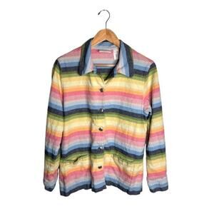 Alfred Dunner Jacket Stripe Size 14 Linen Cotton Button Up Rainbow Silver Button